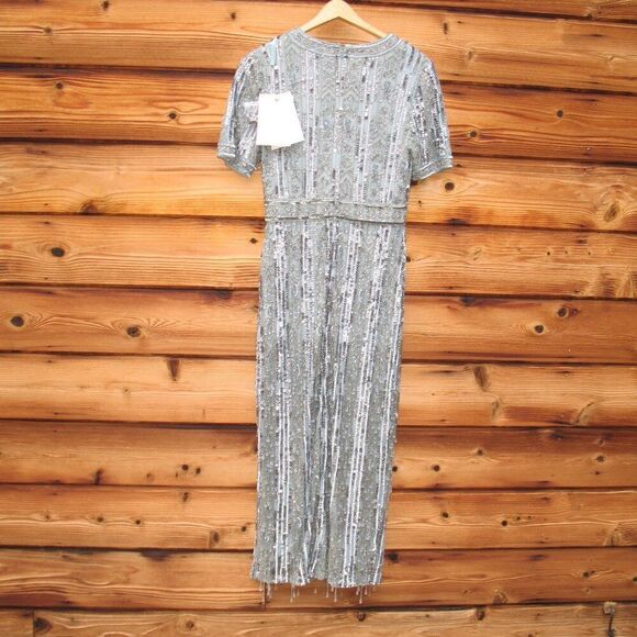 Mac Duggal 5980 Blue High Neck Short Sleeve Crystal Fringe Column Dress - Picture 10 of 15